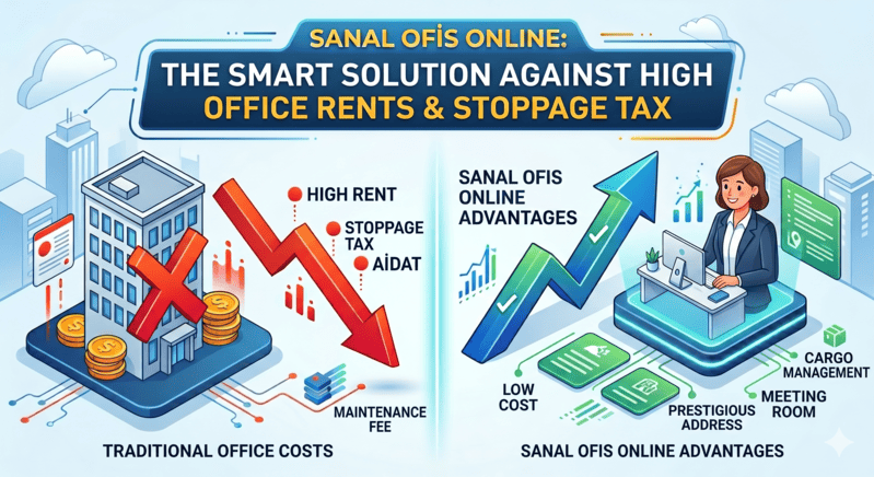 Yüksek ofis kiraları ve stopaj vergisi maliyetlerine karşı sanal ofis online avantajlarını gösteren karşılaştırmalı infografik.
