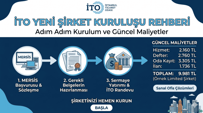 İTO yeni şirket kuruluşu aşamaları ve 2026 yılı limited şirket güncel maliyetleri infografiği.